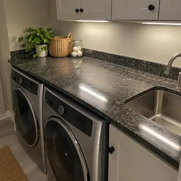 Stone countertop fitted into the corner of a basement laundry area, a common add-on space in rowhome projects