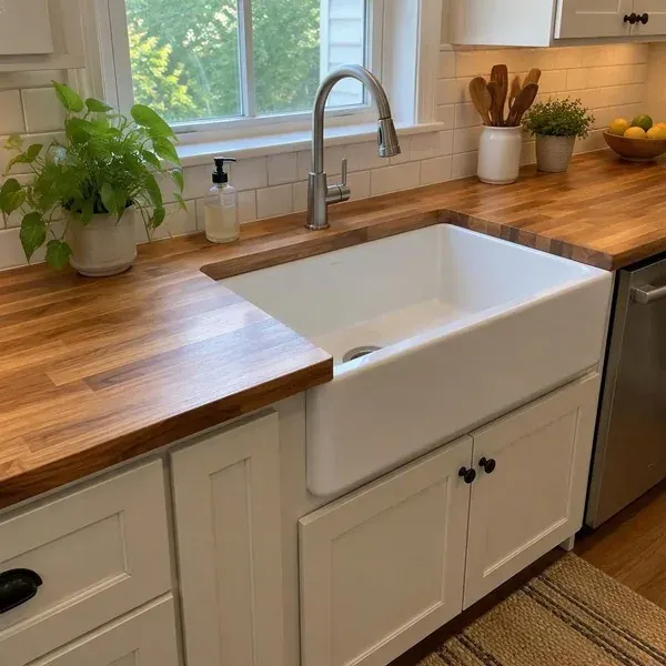Butcher block with farmhouse sink Butcher block countertop around a white farmhouse sink with sealed edges at the sink opening