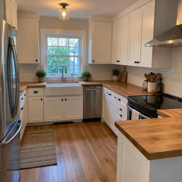 Butcher block countertops in a small, narrow kitchen like the compact layouts found in many Baltimore rowhomes