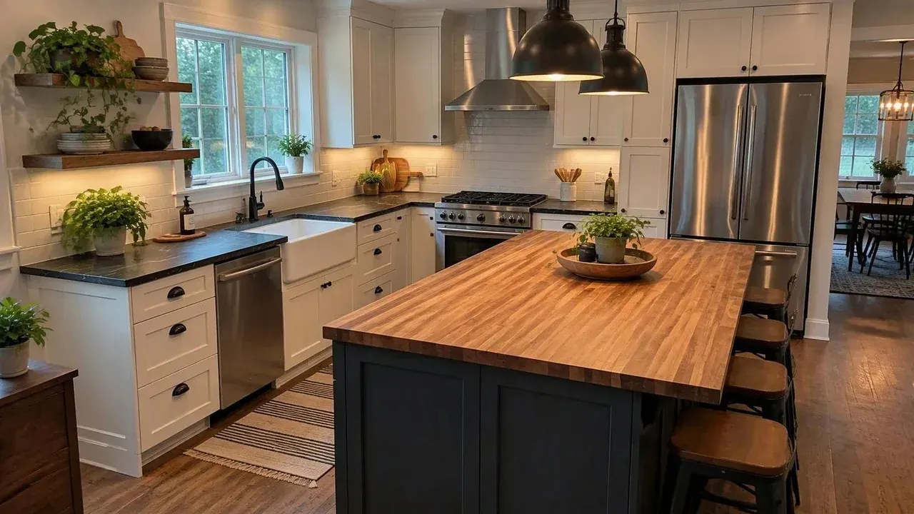 Butcher block island with stone perimeter Butcher block kitchen island paired with stone perimeter countertops, a warm butcher block countertop layout