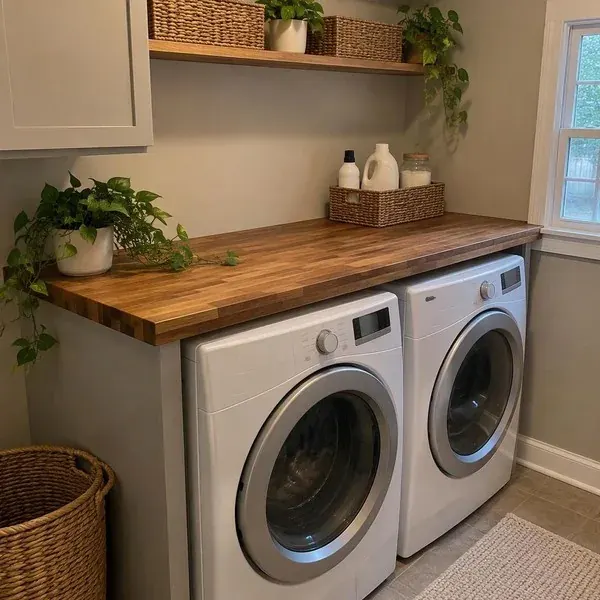 Butcher block laundry room countertop above appliances, showing how countertop materials suit different rooms