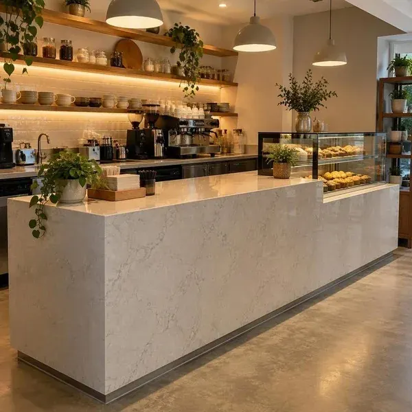 Cafe service counter with a stone countertop fabricated for a Baltimore coffee shop