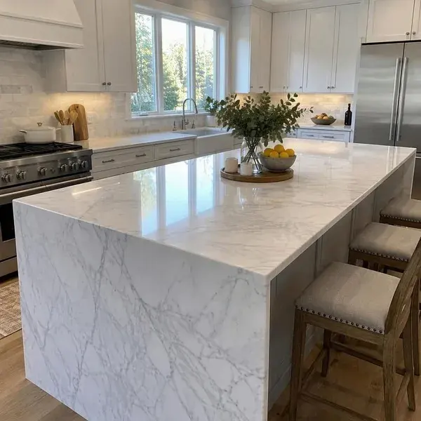 Carrara marble kitchen island countertop with soft gray veining, a classic marble countertop look for Baltimore homes