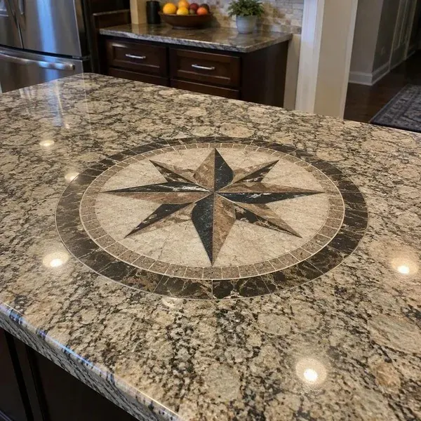 Circular contrasting stone medallion inlaid flush into a custom countertop by a Baltimore fabricator