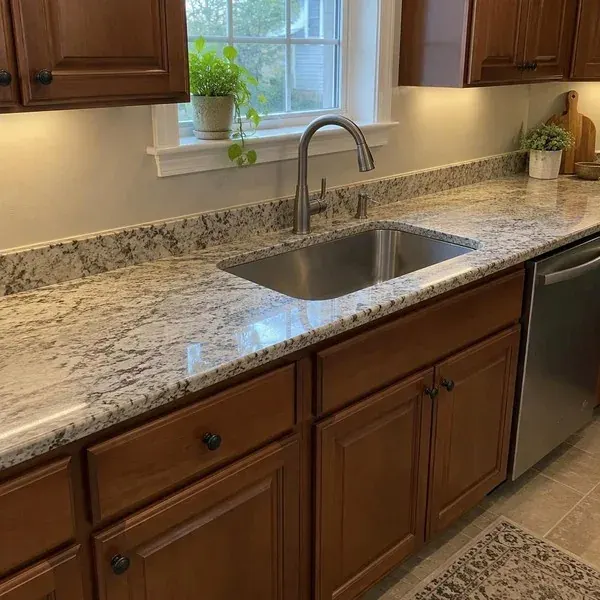 Countertop template with a sink cutout opening laid on kitchen base cabinets before fabrication in Baltimore