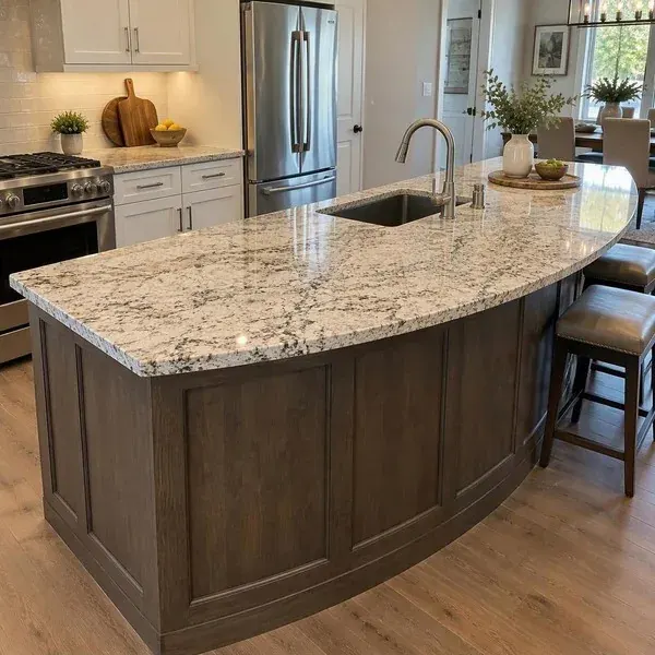 Custom curved countertop in a kitchen Custom curved stone countertop piece fabricated to follow a curved kitchen cabinet run