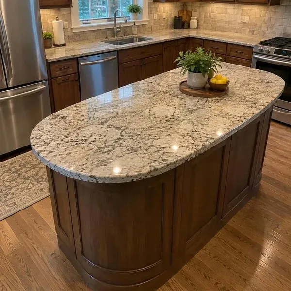 Custom radius countertop along a kitchen wall Custom radius stone countertop finished along a curved kitchen wall in a Baltimore home