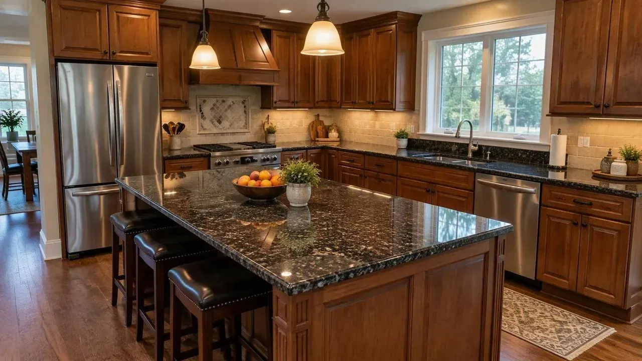 Dark granite countertops in a traditional kitchen of the kind found in Towson colonials
