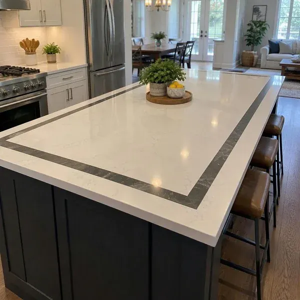 Dark stone border inlay running around the edge of a light kitchen island countertop