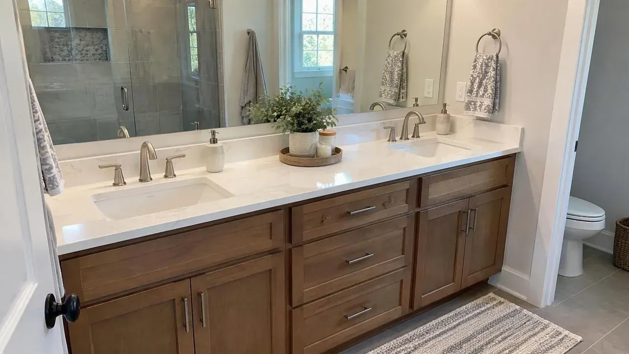 Double vanity bathroom countertop with two sinks installed in a Baltimore primary bath