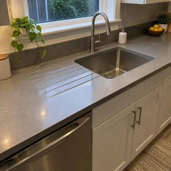 Drainboard beside a sink on a wide countertop Integrated drainboard grooves beside a sink on a wide stone countertop