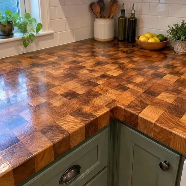 End grain butcher block countertop End grain butcher block countertop corner with an oiled finish, one of the materials we install
