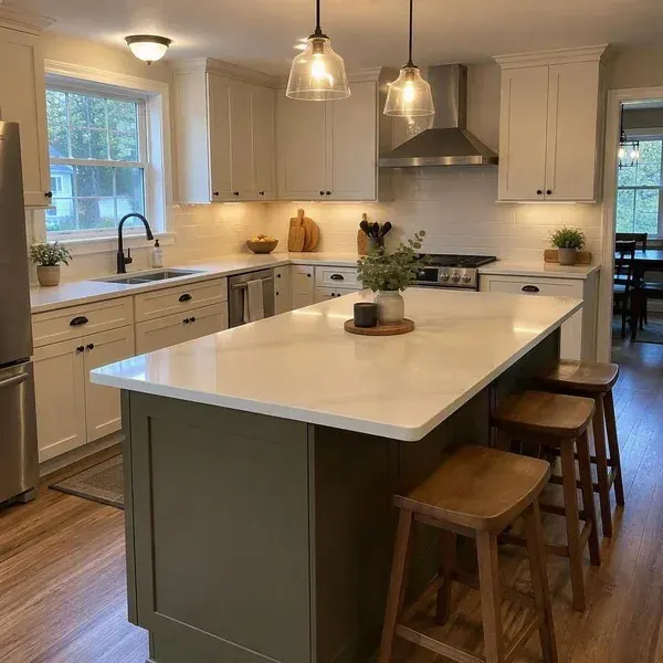 Kitchen with white epoxy-coated perimeter countertops and a coated island top