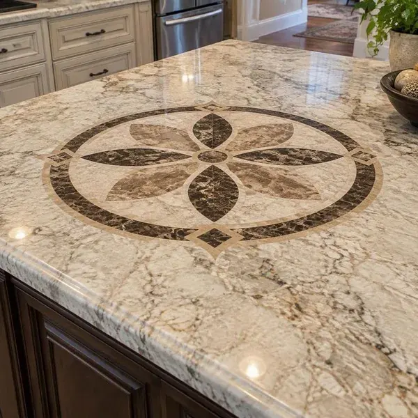 Close-up of a finished countertop inlay with a tight, polished joint between two stones