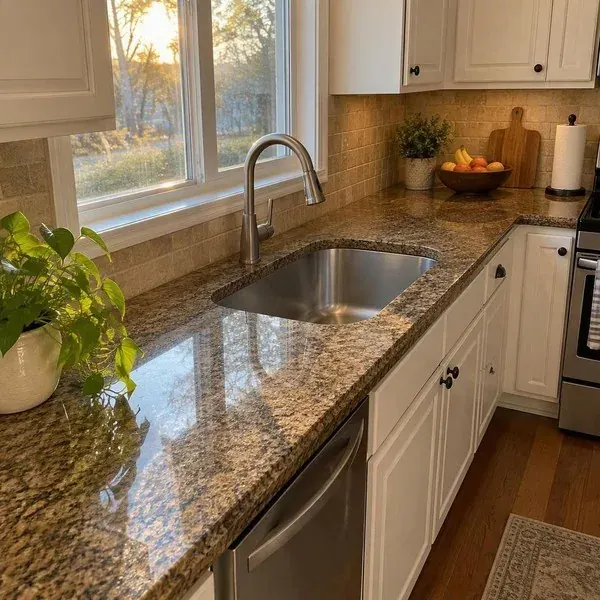 Granite countertop and kitchen sink Granite countertop with an undermount sink in a kitchen, one of the countertop services offered in Baltimore