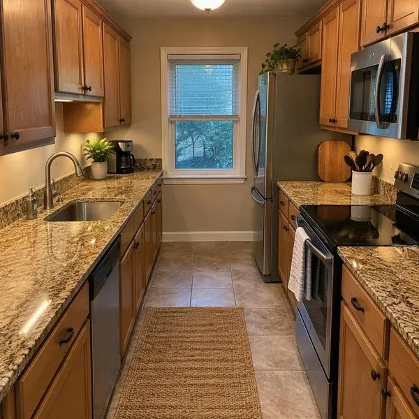 Granite galley kitchen in a city rowhome Granite countertops in a narrow oak galley kitchen, a common layout in Baltimore City rowhomes