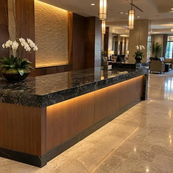 Hotel lobby service counter with a stone top fabricated for a commercial space near Baltimore