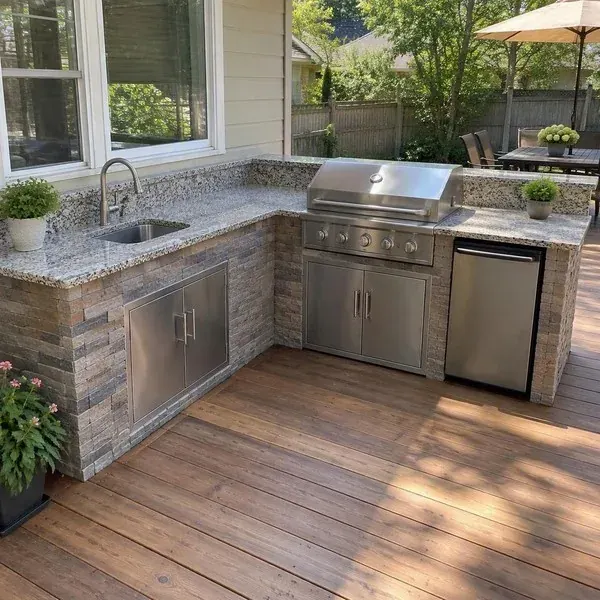 L-shaped stone outdoor kitchen countertop on a backyard deck, a common setup on Essex and Middle River waterfront lots