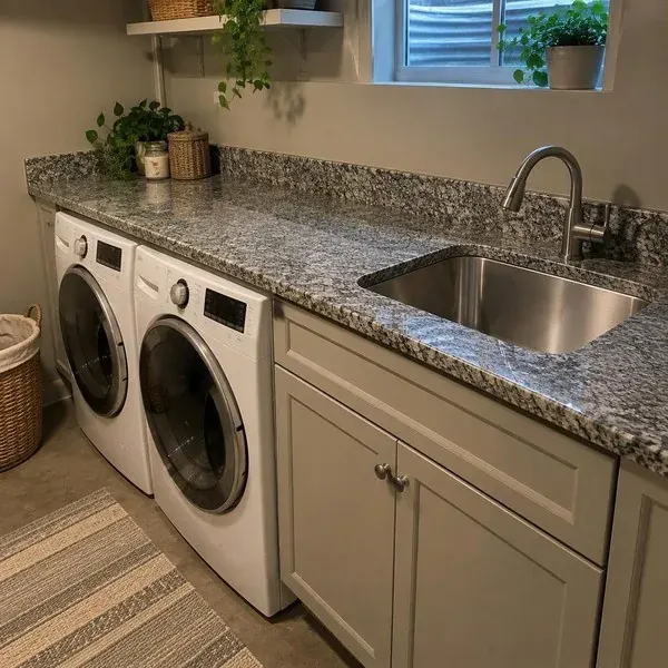Utility sink mounted under a new laundry room countertop, one of the smaller countertop installs we handle in Baltimore