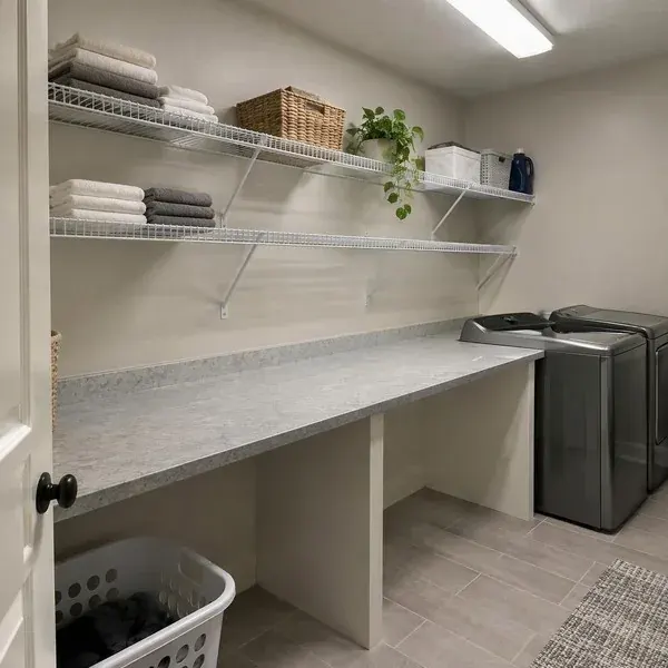 Laundry room folding countertop installed above the machines under wire shelving in a Baltimore area home