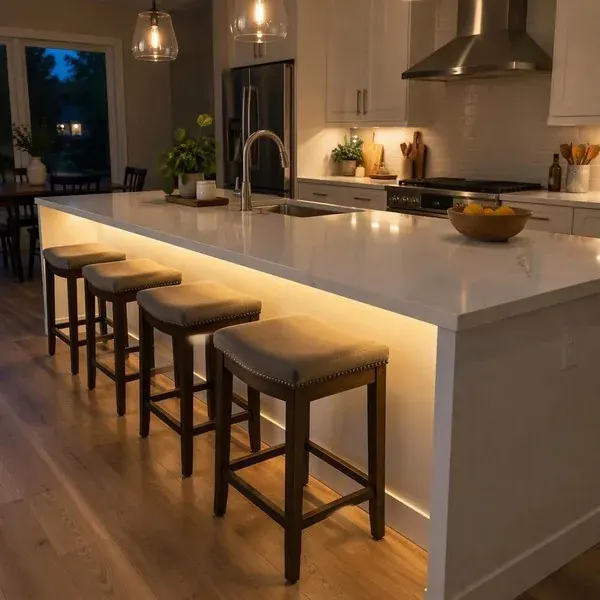 Warm LED strip lighting glowing under a stone kitchen island countertop overhang in a Baltimore home