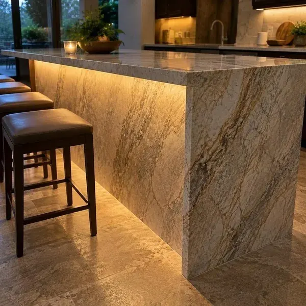 Lighting washing down a stone waterfall panel at the end of a kitchen island