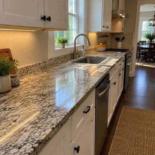 Long stone countertop run in a Baltimore kitchen with a tight, color-matched seam that is barely visible