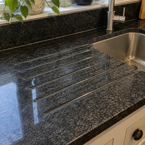 Drainboard channels in granite Sloped drainboard channels cut into a granite countertop beside an undermount sink in a Baltimore kitchen