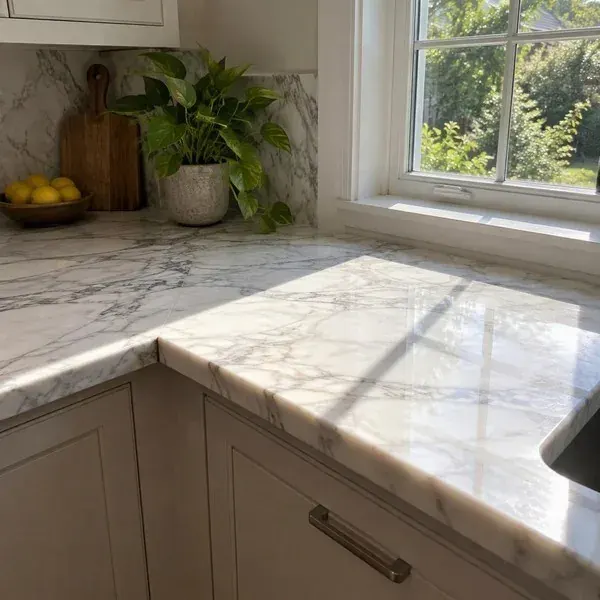 Marble countertop in a sunlit Annapolis kitchen Marble countertop corner by a sunlit window in a bright Annapolis home kitchen