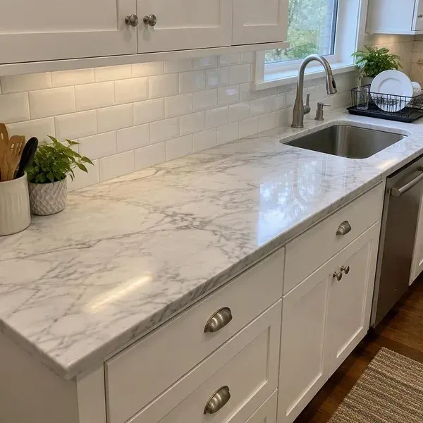 Marble countertops and subway tile backsplash White marble countertops with a subway tile backsplash, the kind of kitchen our Baltimore countertop guides help plan