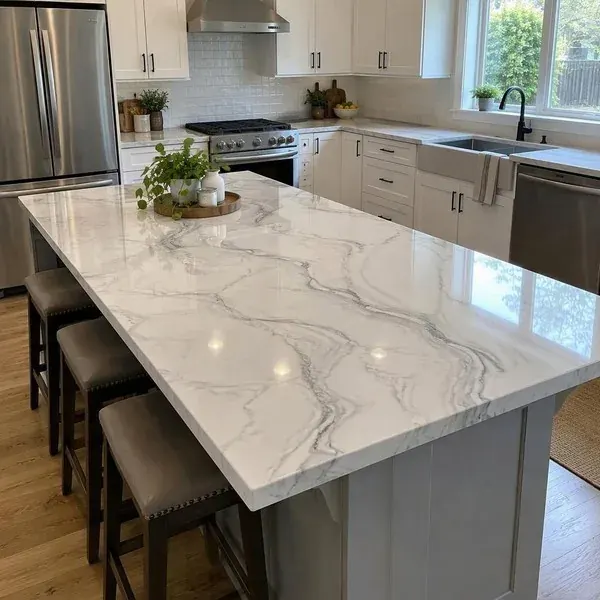 White marble-look epoxy countertop coating with gray veining on a kitchen island in Baltimore