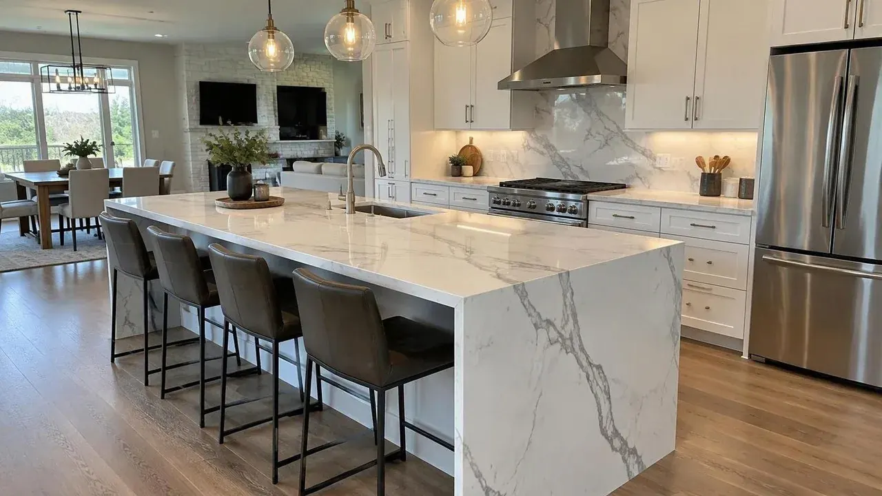 Custom marble waterfall island Custom fabricated marble waterfall island with veining carried down the side in an open Baltimore kitchen