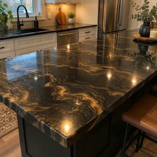 Dark epoxy countertop coating with bronze metallic swirls on a kitchen island