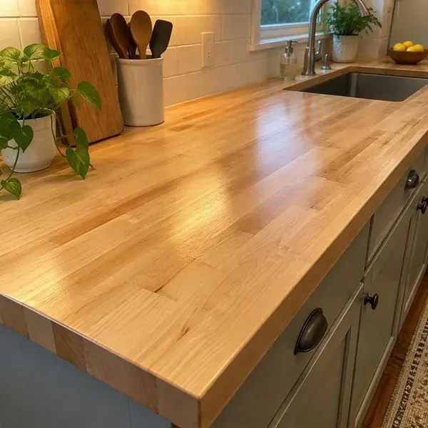 Oiled maple butcher block grain Oiled maple butcher block countertop grain close-up with a satin food-safe oil finish