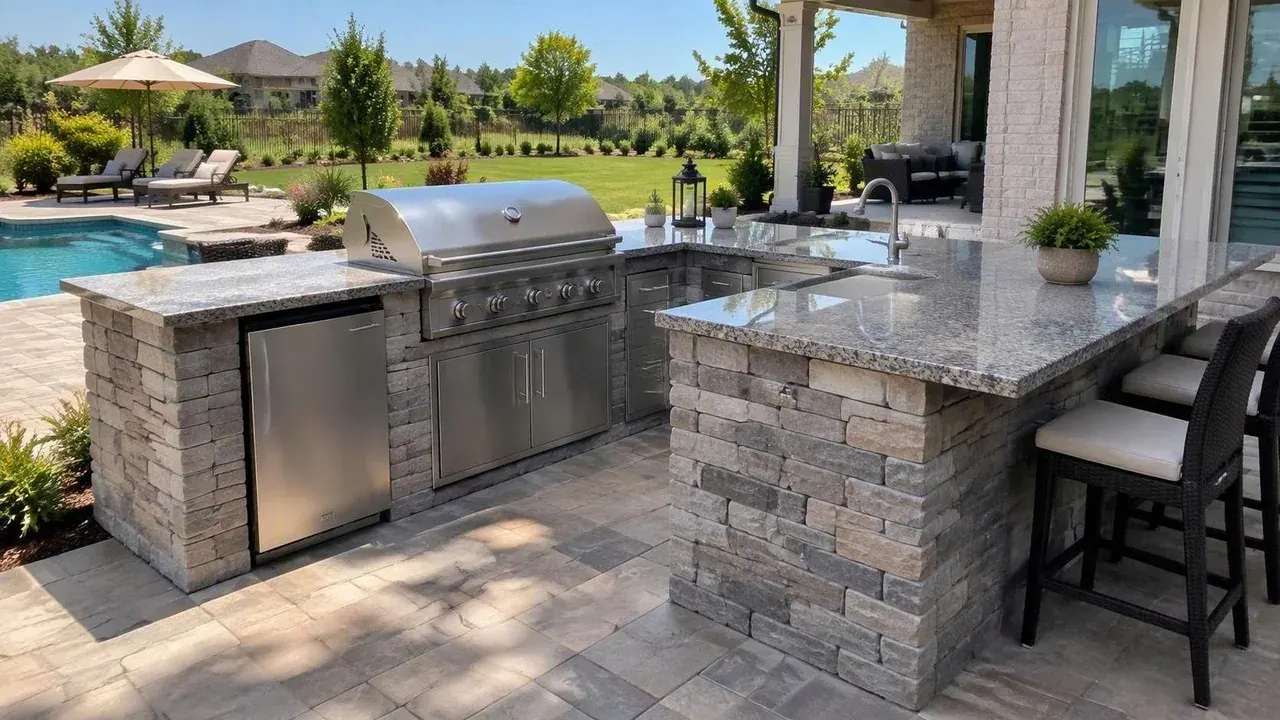 Outdoor kitchen countertop with grill Granite outdoor kitchen countertop with a built-in grill in a Baltimore area backyard