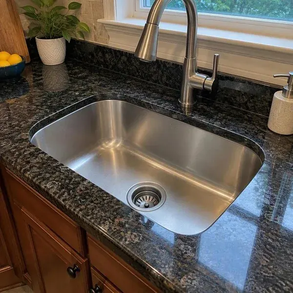 Polished countertop seam beside an undermount kitchen sink, workmanship covered by a countertop installation warranty