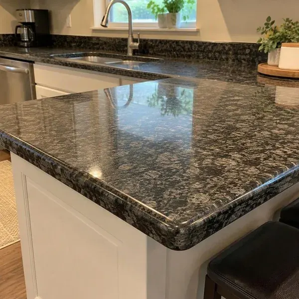 Polished stone countertop edge Polished dark granite countertop with a rounded half bullnose edge, one of the edge profiles in this guide