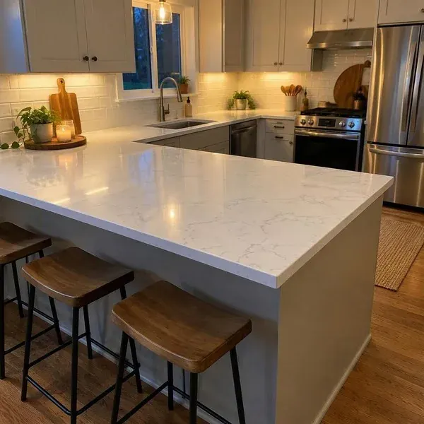 Quartz peninsula countertop in a kitchen lit for the evening, one of several countertop materials installed in Baltimore