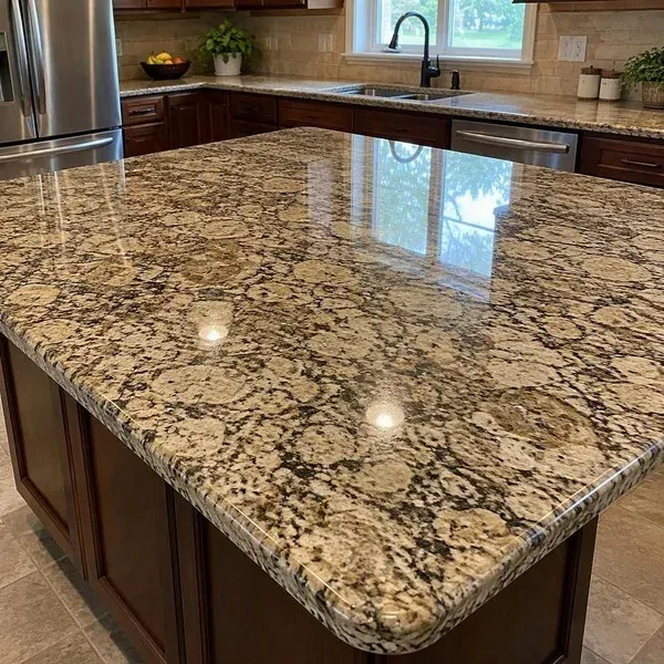 Gold and black granite kitchen island with a restored high-gloss shine after countertop resurfacing in Baltimore