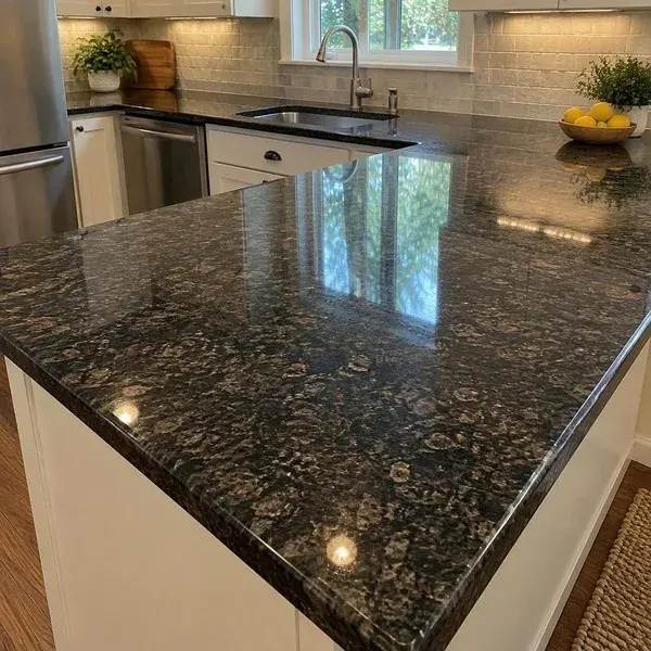 Close-up of a freshly refinished black granite countertop reflecting a window after grinding and polishing