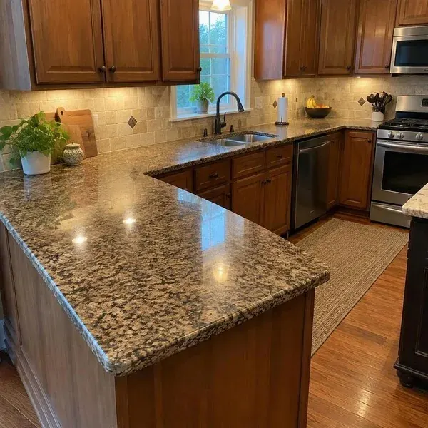 Restored countertop edge profile Restored eased edge on a brown granite peninsula countertop after edge repair