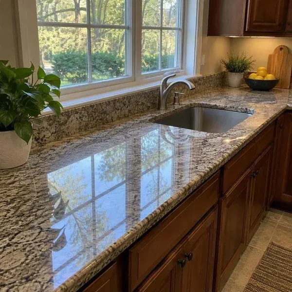 Polished granite countertop by a kitchen window with a clear reflection after haze removal