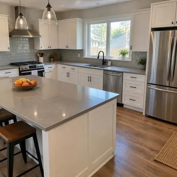 Gray stone kitchen countertops and island with an even, refreshed finish after resurfacing