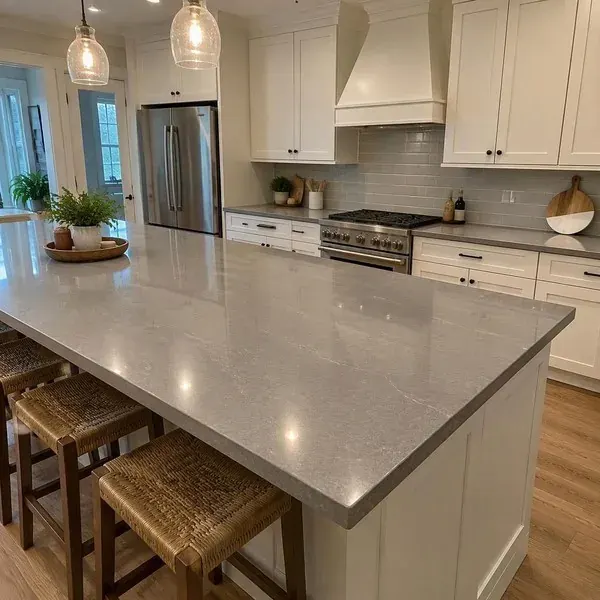 Sealed gray stone kitchen island reflecting pendant lights after professional countertop sealing