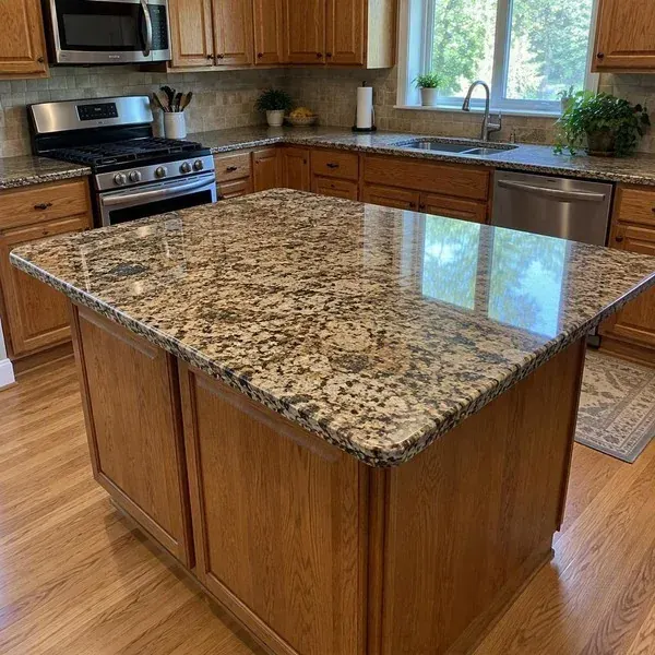 Speckled granite kitchen island in a suburban Columbia, MD home after countertop installation