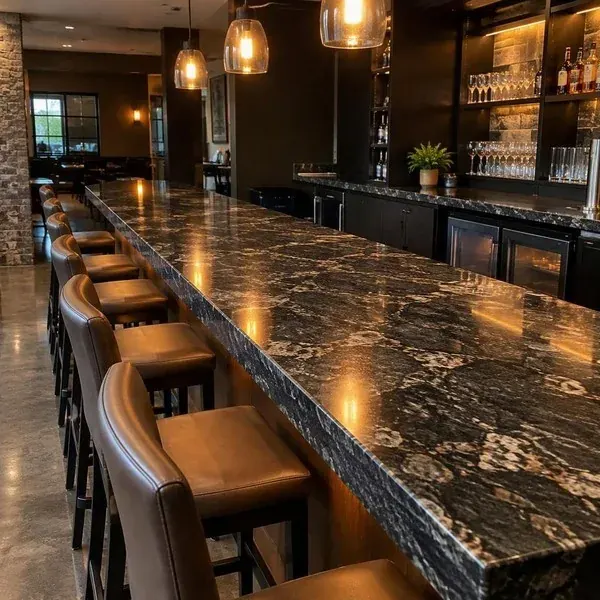 Stone restaurant bar top Polished stone bar top in an empty Baltimore City restaurant before opening, ready for commercial service