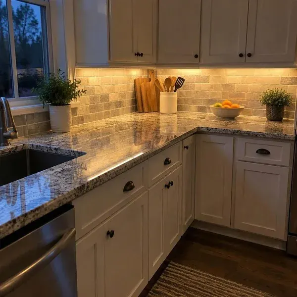 Under-cabinet LED light glowing across a polished stone kitchen countertop