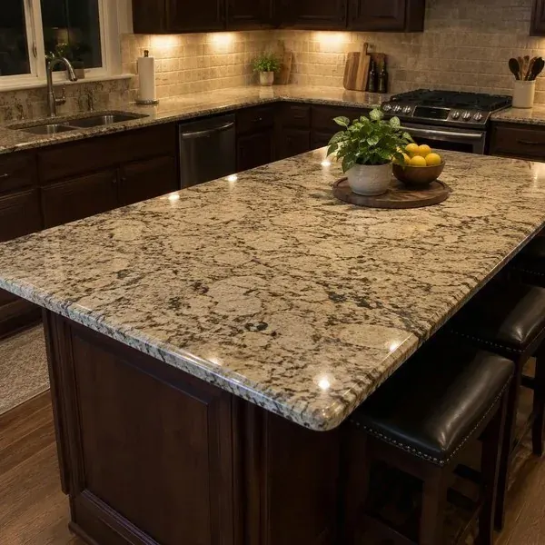 Stone kitchen countertop glowing under cabinet lights, the kind of project a Baltimore countertop quote covers