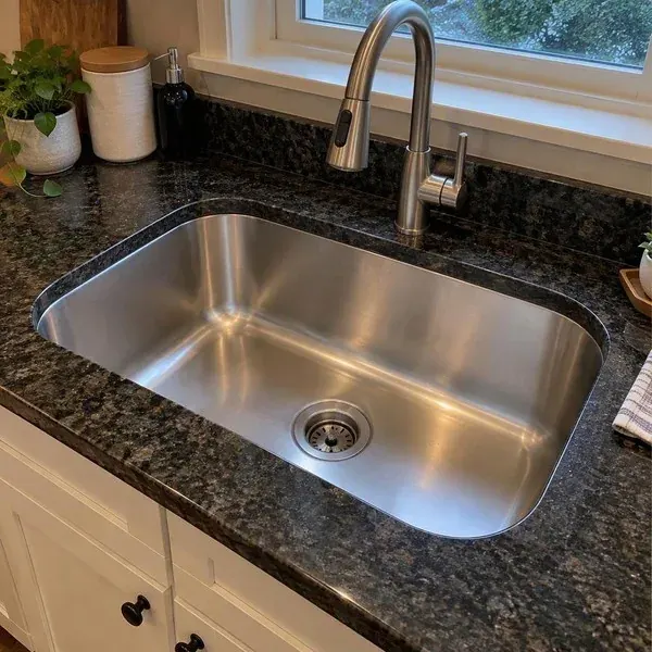 Stainless undermount sink held tight under dark granite with a polished reveal after sink repair in Baltimore