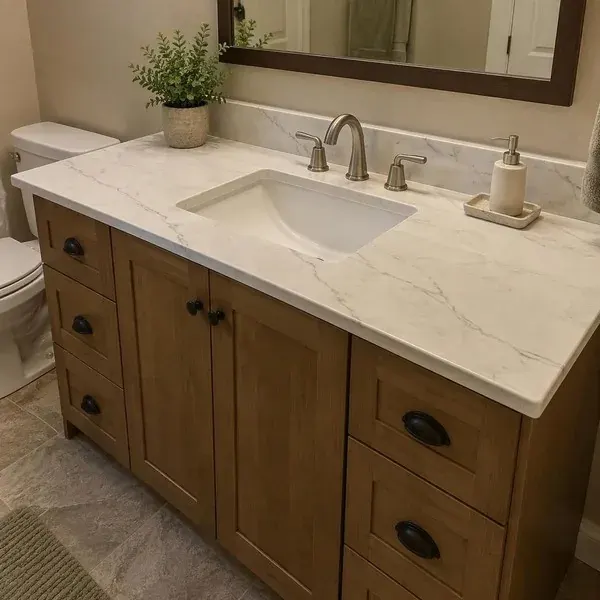 Template sticks assembled on a bathroom vanity base before a vanity countertop is fabricated